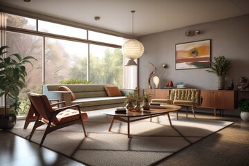 Professionally Styled Mid Century Modern Living Room Apartment Interior with Styled Console Table and Coffee Table Made with Generative AI