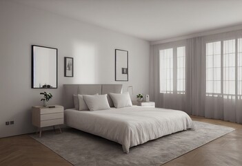 White Minimal Modern Primary Bedroom Apartment Interior with White Bedding and Neutral Color Tones Made with Generative AI