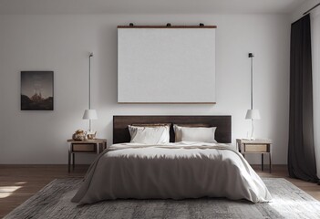 Modern Bedroom Mockup Interior with Blank Wall Art Made with Generative AI
