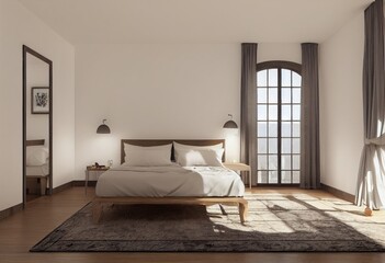 Spring Modern Bedroom Interior with Black Traditional Area Rug and Arch Door Windows Made with Generative AI
