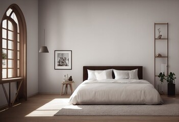 Light Spanish Modern Bedroom Interior with Styled Standing Shelf with Home Decor and Wood Frame Arch Window Made with Generative AI