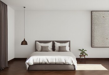 Fototapeta na wymiar Staged Minimal Modern Apartment Bedroom Interior with House Plants and Pendant Light Made with Generative AI