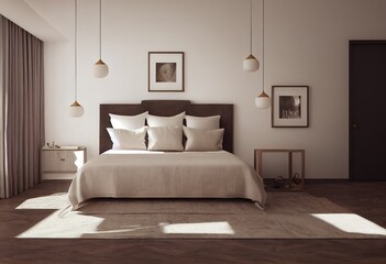 Fototapeta na wymiar Styled Apartment Bedroom Interior with Pendant Lights and Linen Natural Fabric Bedding Made with Generative AI