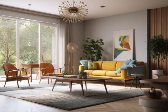 Natural Light in Spring Apartment Interior with Yellow Sofa and Teak Coffee Table with Gold Unique Light Made with Generative AI