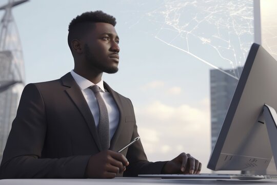 Black Male Businessman in Suit Outdoors Working at Computer Made with Generative AI
