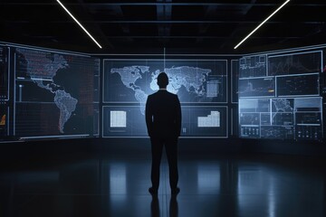 Businessman in Suit Standing In Front of Monitors in Office for Computer Aided Engineering Made with Generative AI