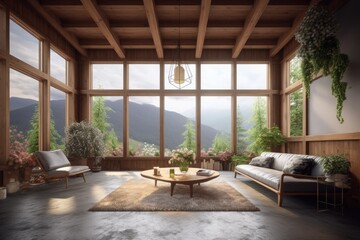 Exposed Wood Beautiful Farmhouse Family Room with Minimal Staging and Open Window Views Made with Generative AI