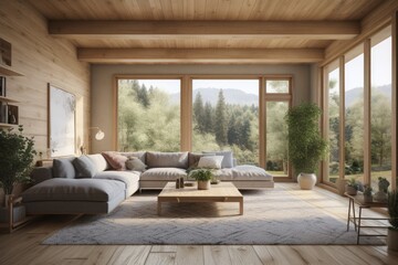 Calm Clean Family Room Interior with Organic Wood Accent Walls and Forest Views Made with Generative AI
