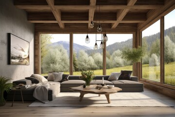 Natural Modern Family Room Interior with Nature Meadows in the Modern Window Views Made with Generative AI