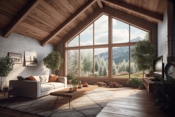 Fototapeta na wymiar Homestead in Mountains with Natural Living Room Interior with Indoor Trees and Area Rug Made with Generative AI