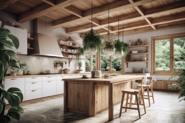 Spring Farmhouse Modern Kitchen with Sustainable Wood Island and Counter Bar Stools Made with Generative AI