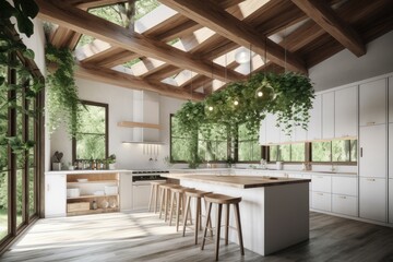 Fototapeta na wymiar Luxury Jungle Modern Kitchen Interior with Hanging Indoor Plants and Home Styling and Skylights Made with Generative AI