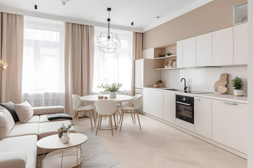 Obraz na płótnie Canvas Interior design spacious studio apartment in Scandinavian style, beige color. Generative AI