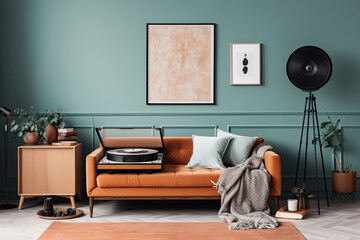 Modern living room with stylish interior and retro-style sofa, mock-up poster frame, vintage record player, and unique personal accessories. Template for a hipster space, generative AI