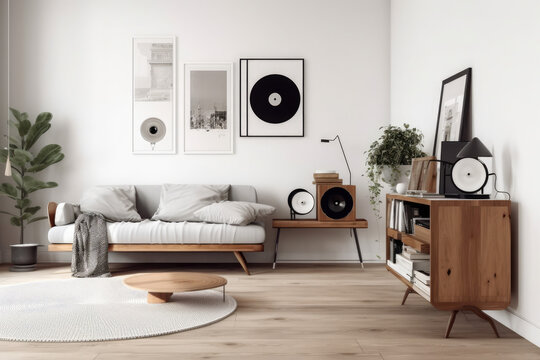 Modern Living Room With Stylish Interior And Retro-style Sofa, Mock-up Poster Frame, Vintage Record Player, And Unique Personal Accessories. Template For A Hipster Space, Generative AI