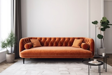 Scandinavian brown carpet and a vivid orange couch can be found in a modern, light colored home. large window mock up mock up frame beige wall. high caliber, generative AI