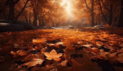 Autumn leaves falling on the ground. Generative Ai