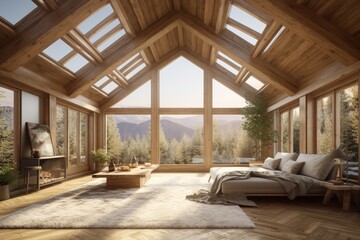 Beautiful Destination Getaway Bedroom Interior with Skylights and Open Window Views of Mountains Made with Generative AI
