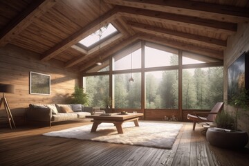 Sunny Sustainable Residential Family Room Interior with Vaulted Wood Ceilings and Luxury Nature Mountain ViewsMade with Generative AI
