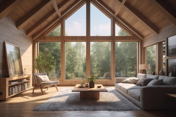 Summer Cabin Family Room Interior with Sustainable Wood and Vaulted Ceiling Made with Generative AI