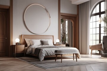 Luxury Interior of Primary Bedroom with Large Round Mirror and Styled Bed and Arched Grid Window Made with Generative AI