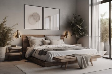 Light Linen Bedding in Modern Wood Bed Frame and Indoor Trees with Wall Art Made with Generative AI
