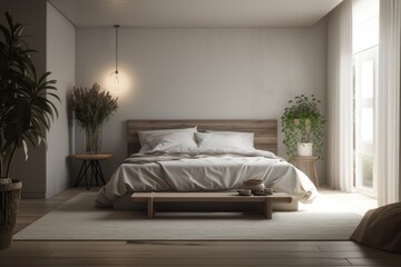 Light Linen Modern Bedroom Interior with Blank Wall Above Bed Made with Generative AI