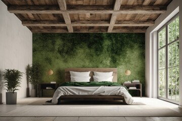 Stunning Interior of Modern Bedroom Interior with Natural Elements and Living Moss Accent Wall Made with Generative AI
