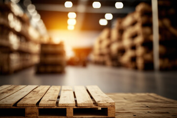 Empty wooden pallet on blurred warehouse background. Flawless - obrazy, fototapety, plakaty