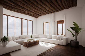 Fototapeta premium Spring Spanish Family Room Apartment Interior with Natural Ceiling Made with Generative AI