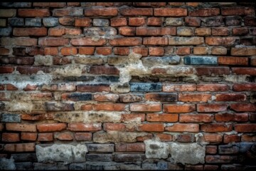 an aged brick wall with peeling paint. Generative AI