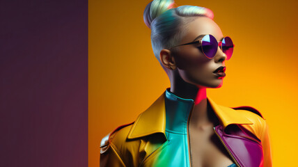 fashion woman colorful, the bold eclectic fashion styles of the Y2K era. dressed in the latest fashion trends of the time, including chunky shoes, low-rise pants, crop tops, and oversized sunglasses