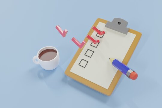 Notepad, pencil and cup of coffee in blue background