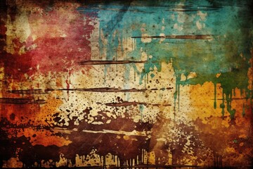 messy, grungy background with colorful paint splatters and drips. Generative AI