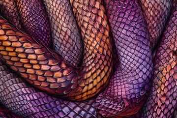 detailed close-up view of the texture and pattern of a purple snake skin. Generative AI