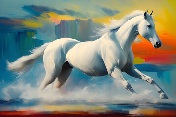 Naklejka na ściany i meble The Majestic Beauty of a White Horse Running Through Morning Mists