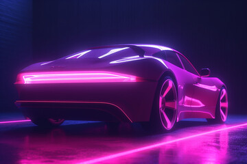 Fototapeta na wymiar sports cyber neon car rushes along the night road with neon lights at high speed, Generative AI 