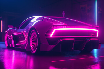 Obraz na płótnie Canvas sports cyber neon car rushes along the night road with neon lights at high speed, Generative AI 