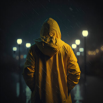 Someone wearing yellow rain coat in the middle dark town with rain