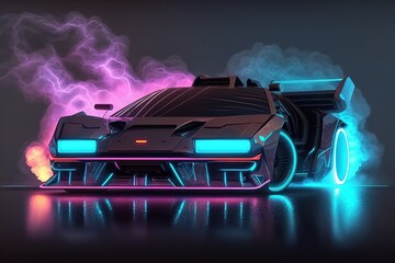 Sports car with neon lights in a futuristic style. HUD car. Generative AI