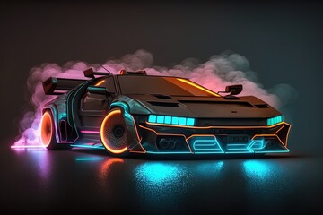 Sports car with neon lights in a futuristic style. HUD car. Generative AI
