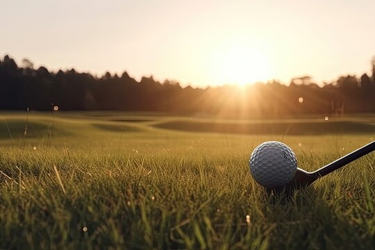 Golf Ball And Club On Felt With Background At Dusk Generative AI