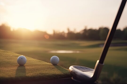 Golf Ball And Club On Green With Copy Space At Sunset Generative AI