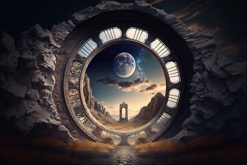 Fototapeta na wymiar A fantastic temporary stone portal to another world. Time portal. Generative AI