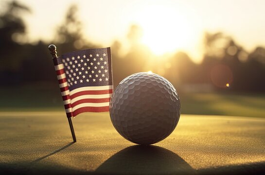 American Flag And Golf Ball On Green With Copy Space At Sunrise Generative AI
