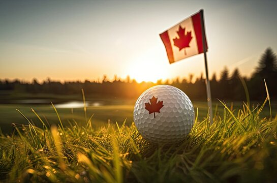 Canadian Flag And Golf Ball On Green With Blank Background At Dawn Generative AI