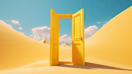 Surreal 3D Yellow Door in Desert Landscape - AI Generated