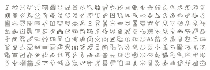 Obraz na płótnie Canvas Big collection of 216 best seller thin line icons related with business, money, people, finance, creativity, employment, success, data, web, commerce and other subjects