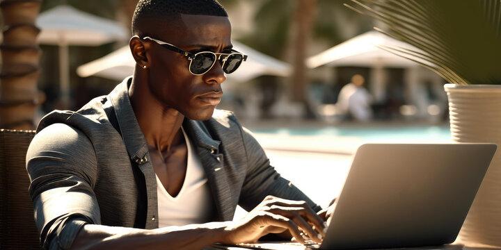 Business person use laptop computer in luxury resort hotel beach club in summer. superlative generative AI image.