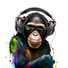 Chimpanzee Wearing Headphone and Eyeglasses